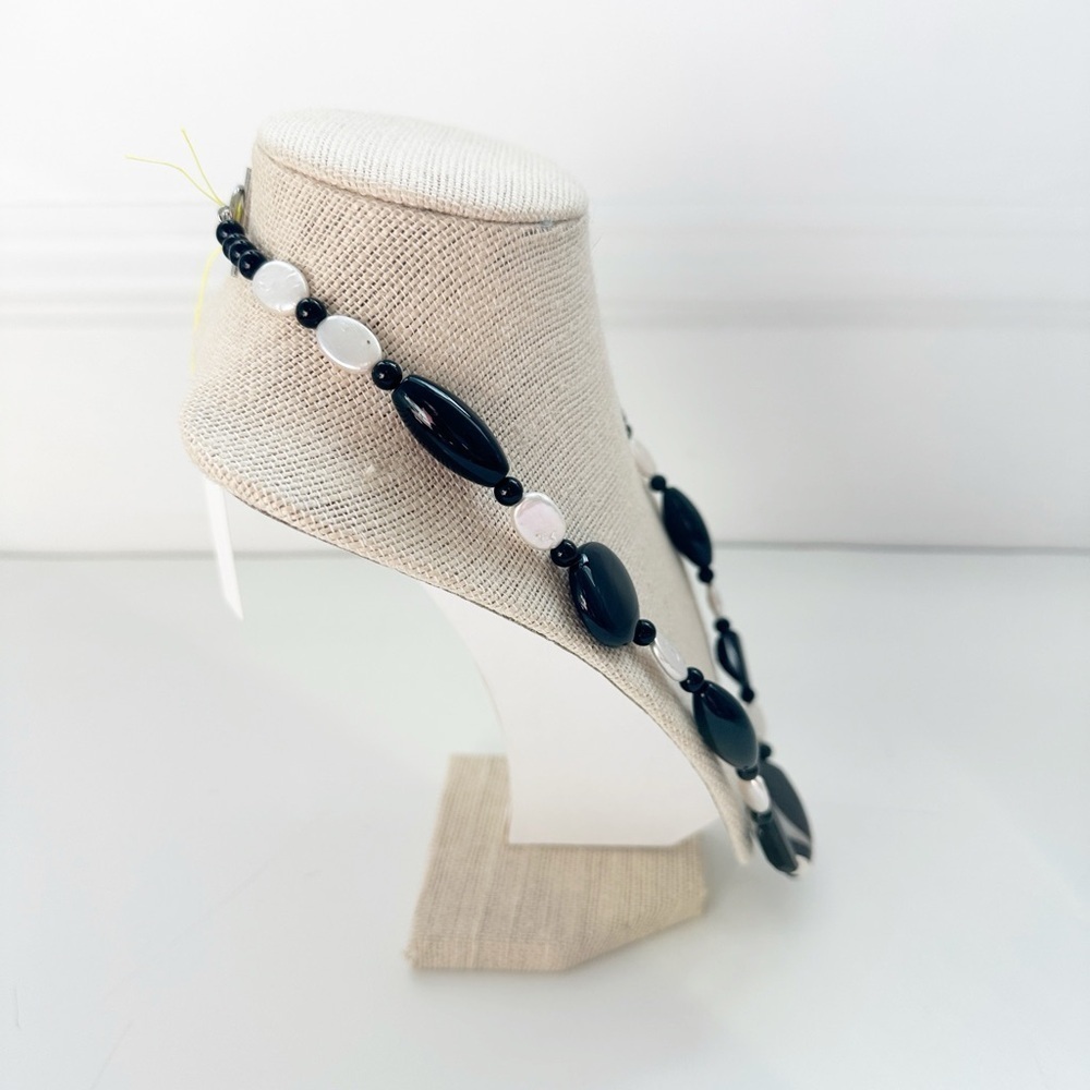 NWT Genuine Black Onyx, Agate & Pearls Necklace Beaded Black White - Picture 4 of 7